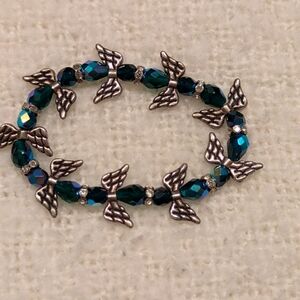 Elegant Silver and Green Blue Purple Beads With Angel Wing Bracelet